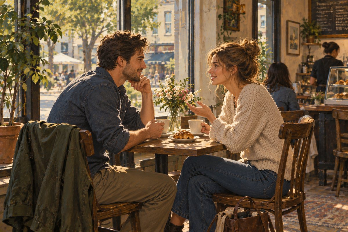 Painted plate for the page How We Met: a couple at a cafe table by a bright window, mid conversation