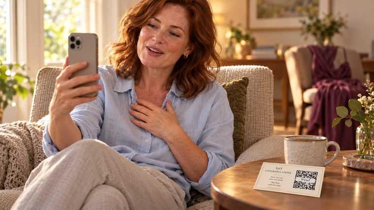 A guest at home the next morning with a cup of coffee, recording her message, the card she took home on the table