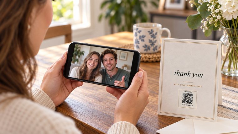 Someone at home watching a thank-you from the couple on her phone, beside the thank-you card it came in