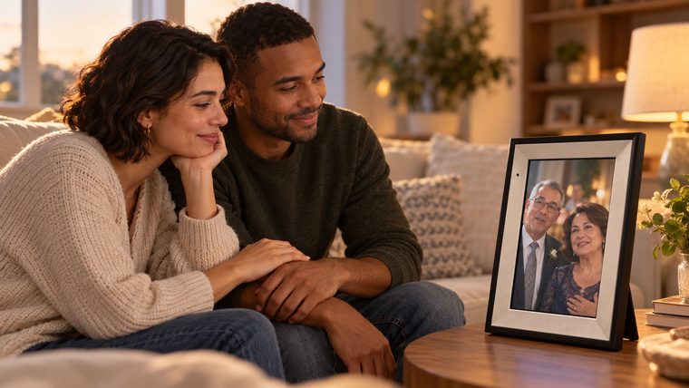 A couple at home on the couch watching a message from their parents play on the video frame