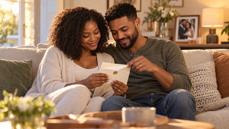 A couple on their couch a year later, opening the anniversary envelope together