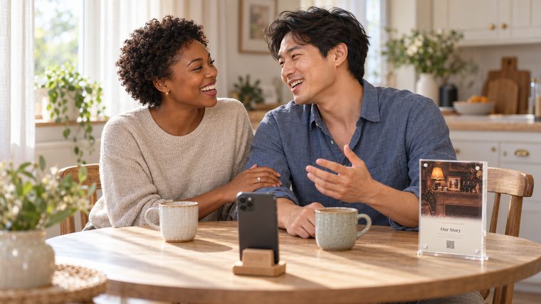 A couple at their kitchen table, laughing as they tell their story to a phone propped in front of them, the Our Story side of their keepsake frame beside them