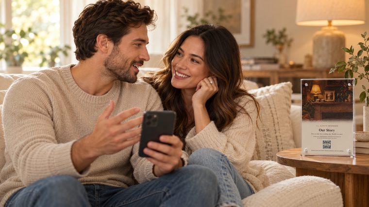A couple on their couch recording their own story on a phone, the Our Story side of their keepsake frame on the table beside them