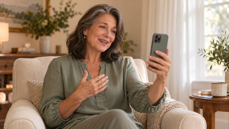 A woman at home in an armchair, hand on her heart, recording a message on her phone