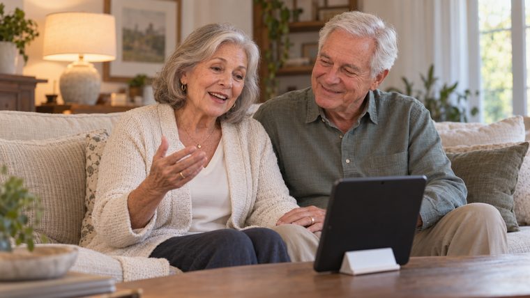 Grandparents on their sofa, smiling as they record a message together on a tablet station