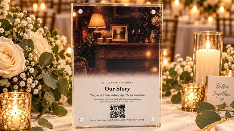 The keepsake frame turned around to show its Our Story side, on a table with candles and flowers