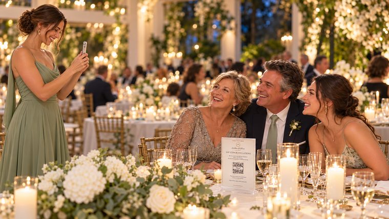 At a candlelit reception, a friend holds up her phone and invites three guests at their table to record a message