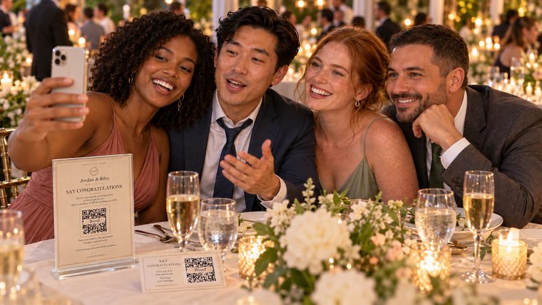 Four friends at a reception table lean in together to record a message on one phone