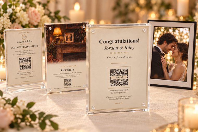 A reception table with a guest table stand, the keepsake frame with the couple's names, its Our Story side, and a video frame showing the couple