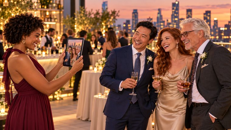 At a rooftop reception, a friend holds up a tablet station to record three guests laughing together