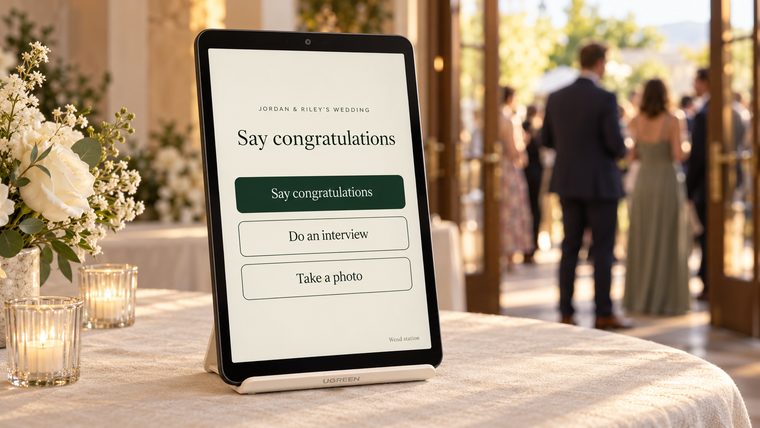 A tablet station standing on a welcome table beside flowers and candles as guests arrive. The screen reads Say congratulations, with buttons for Say congratulations, Do an interview, and Take a photo