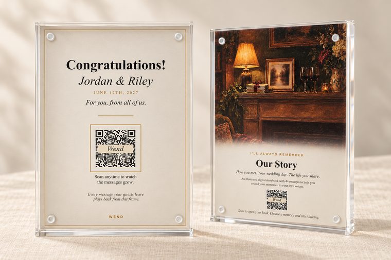 The keepsake frame shown from both sides: the front with the couple's names and date, the back with Our Story