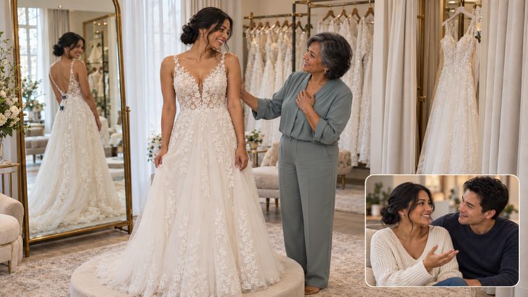 A bride at her dress fitting with her mother; in the corner, the bride and her fianc&eacute; later, telling the story of that day