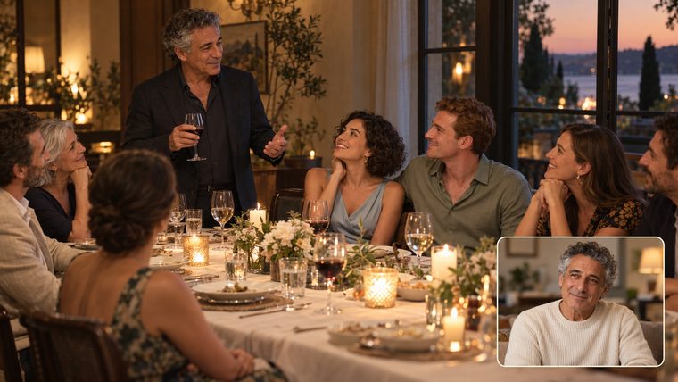 A father standing to speak at the rehearsal dinner; in the corner, him later, telling what he meant to say