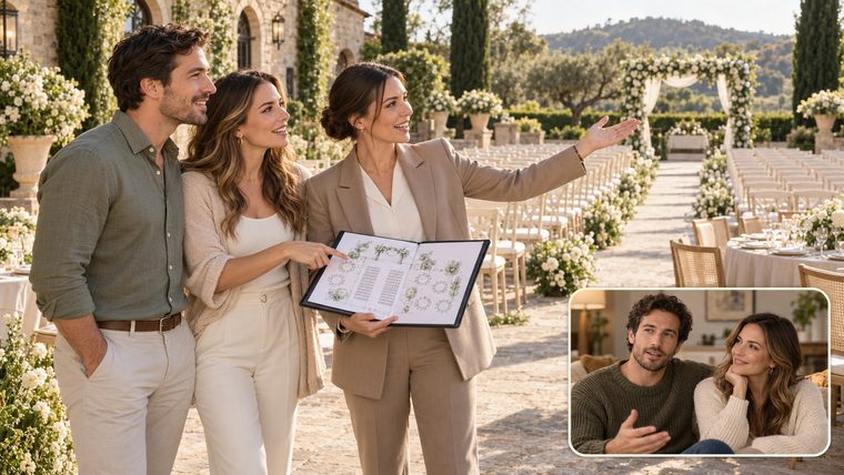 A couple walking their venue with their planner; in the corner, the same couple later, telling what the moment meant