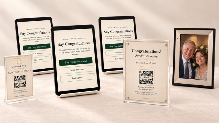Wend Hosted: three tablet stations, a guest table stand, the keepsake frame and the video frame