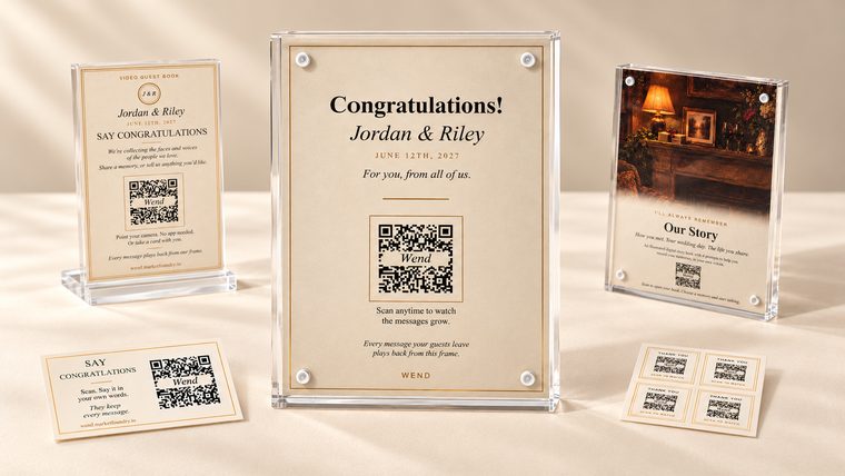Wend Wedding: a guest table stand, the keepsake frame, its Our Story side, take-home cards and stickers