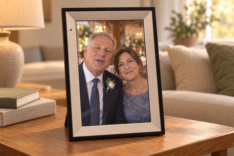 The video frame on a side table at home, playing a message from the couple's parents