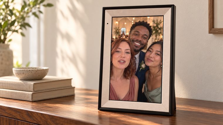 The video frame on a console table at home, playing a message from three friends at the wedding
