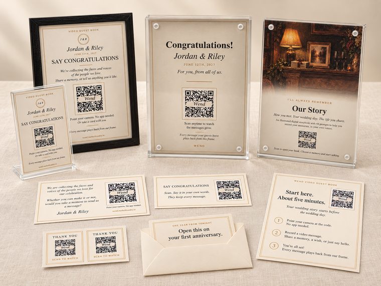 Everything in the kit laid out: the guest book sign, the keepsake frame and its Our Story side, a table stand, take-home cards, Thank You stickers, the anniversary envelope and the Start Here card