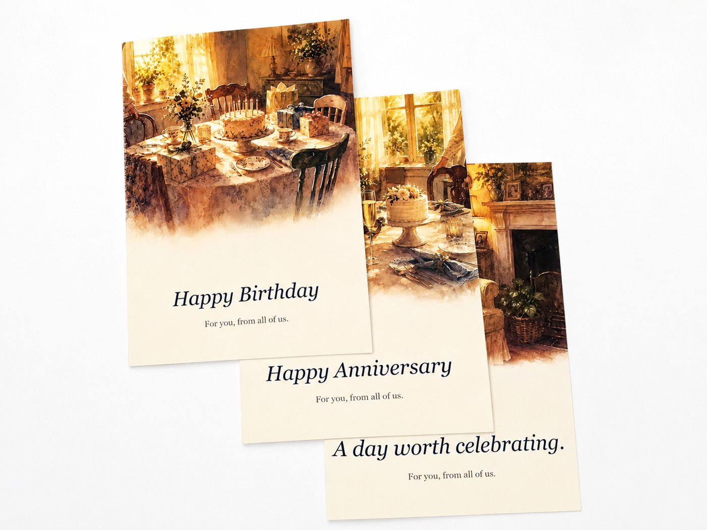 Wend occasion cards: Happy Birthday, Happy Anniversary, and A day worth celebrating