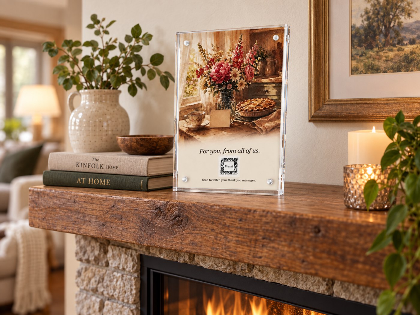 The Celebration Frame on a mantel with the thank-you insert seated