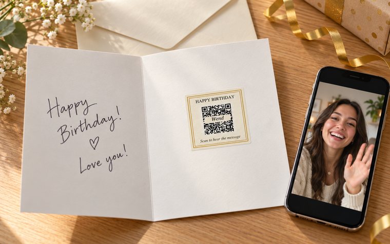 A birthday card with a Wend message sticker, and a phone playing the message