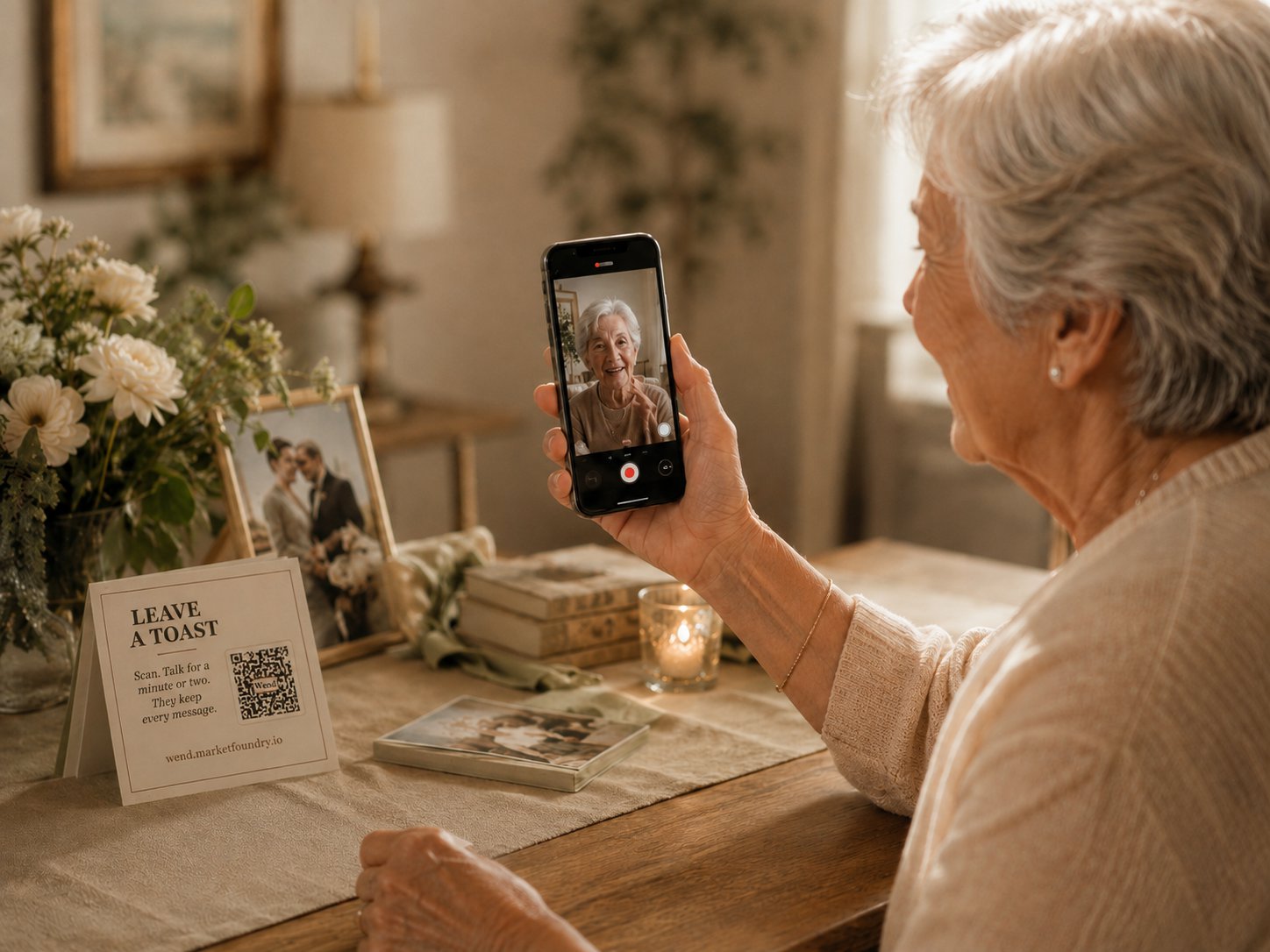 A grandmother at home leaving a video message on her phone