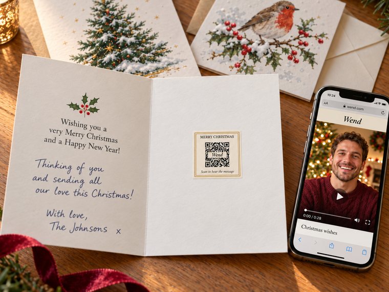 Christmas cards on a table, one open with a Merry Christmas sticker, beside a phone playing a man's Christmas message