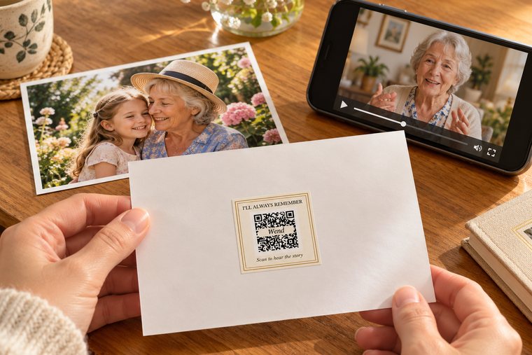 Hands holding an old family photo with a Wend sticker on the back, and a phone playing a grandmother's message
