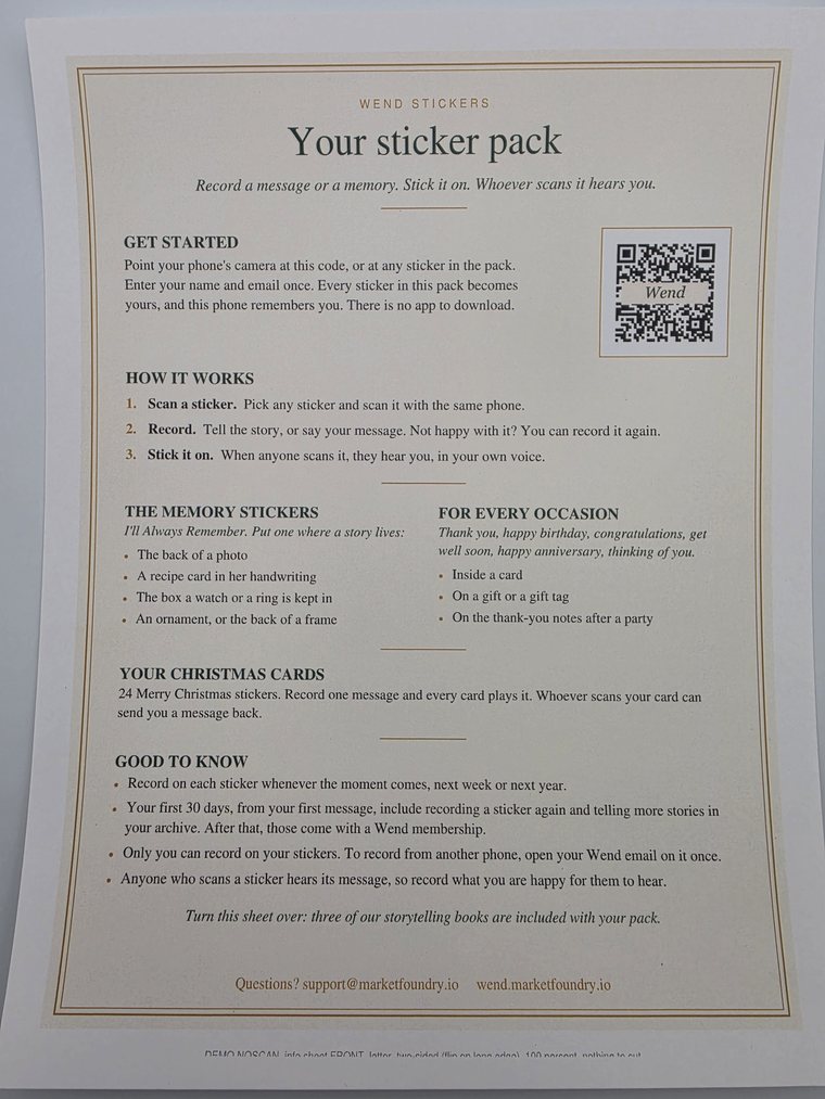 The info sheet titled Your sticker pack, with its setup code