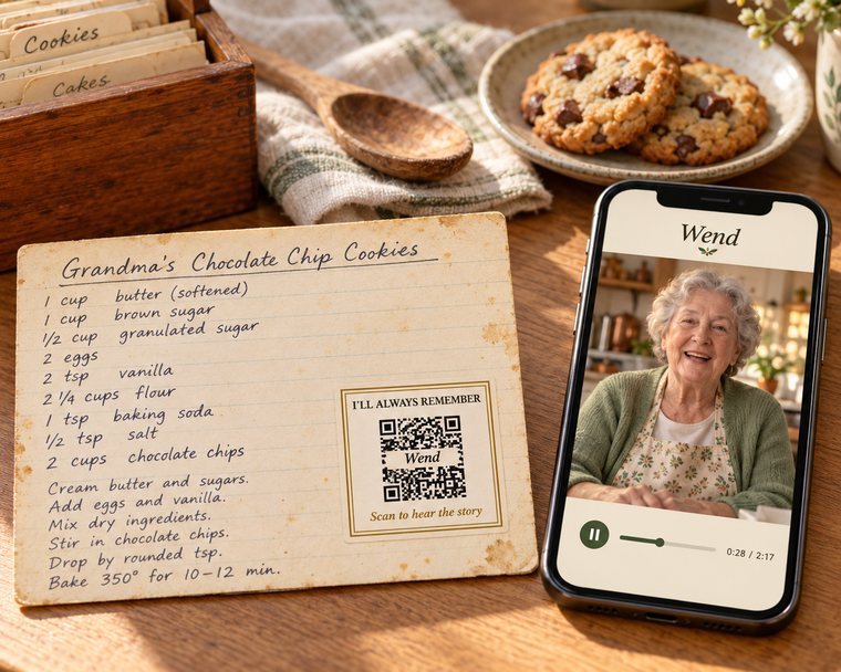 A handwritten recipe card for chocolate chip cookies with an I'll Always Remember sticker, and a phone playing the grandmother who wrote it