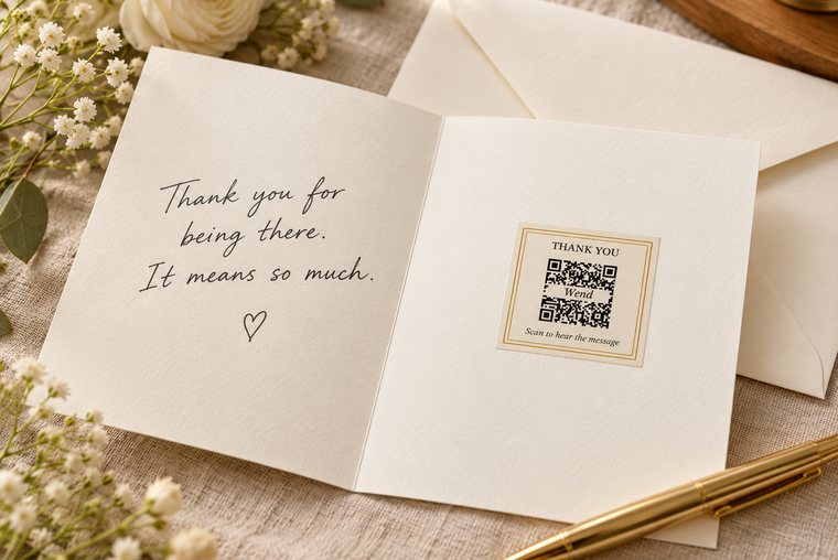 An open thank-you card with a handwritten note and a gold Thank You message sticker
