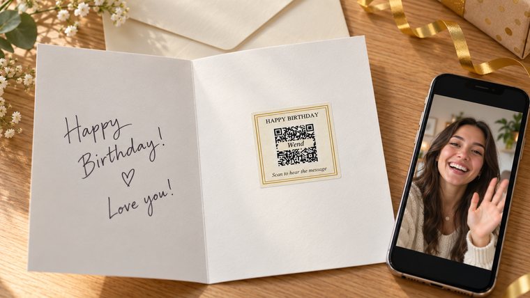 A birthday card with a Wend sticker inside, beside a phone showing a woman waving as she records