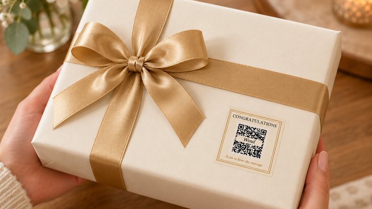 Hands holding a gift box tied with a gold ribbon and a Congratulations message sticker