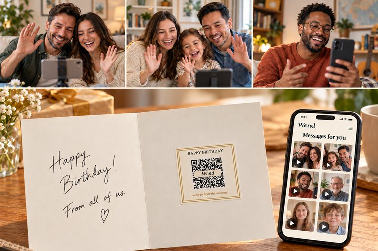 Family members recording birthday wishes on their phones, a birthday card with a sticker, and a phone showing all their messages